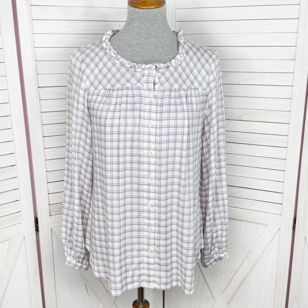 Talbots Plaid Ruffle Collar Blouse White Pink Purple Small Long Sleeve prairie